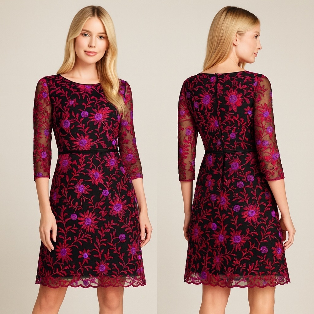 Adrianna Papell Embroidered Floral Cocktail Dress Black Burgundy Purple Size 6